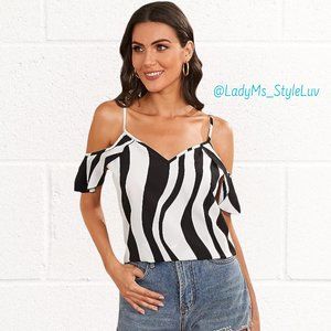 Cold Shoulder Top Black White Striped Short Off-Shoulder NWOT